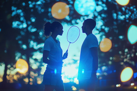 Two people share a joyful interaction while holding a badminton racket against a vibrant backdrop.の写真素材