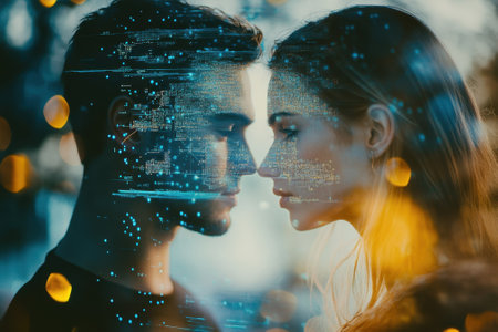 A man and woman share an intimate moment, their faces close together with a surreal digital effect around them.の写真素材