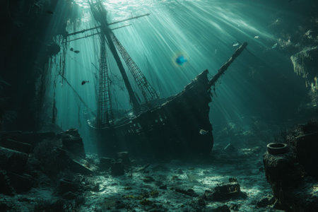 A sunken ship lies on the ocean floor, illuminated by beams of sunlight, with marine life swimming nearby.の写真素材