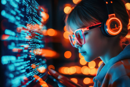 A focused young girl wearing headphones and glasses interacts with glowing code on a screen in a dark room.の写真素材