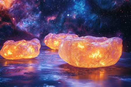 Three vibrant glowing rock formations emit light in a stunning cosmic background filled with stars.の写真素材