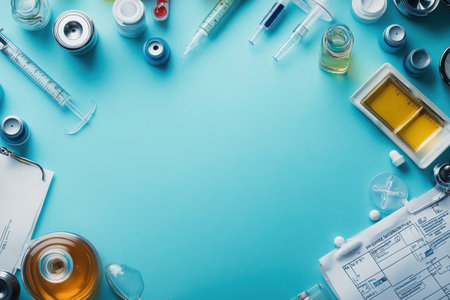 Various medical supplies and laboratory equipment are neatly organized on a turquoise surface.の写真素材