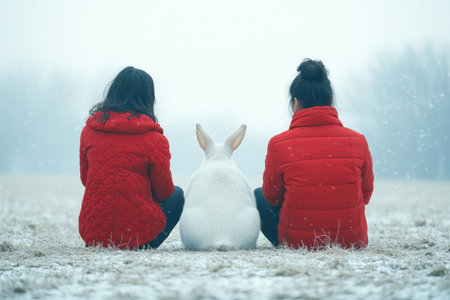 Two people sit quietly in the snow, dressed in red, with a white rabbit enjoying the cold winter day.の写真素材
