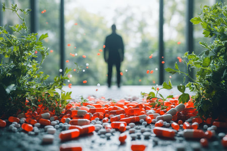 A lone person gazes thoughtfully at scattered pills on the ground surrounded by lush plants.の写真素材