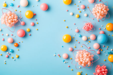 Colorful candies scattered across a vibrant blue backdrop, featuring various shapes and playful arrangements.の写真素材