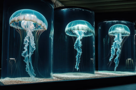 Three jellyfish float gracefully in illuminated tanks, showing their translucent bodies and delicate movements.の写真素材