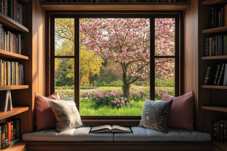 A comfortable corner offers a view of vibrant flowers and a blossoming tree, inviting reading and relaxation.の写真素材
