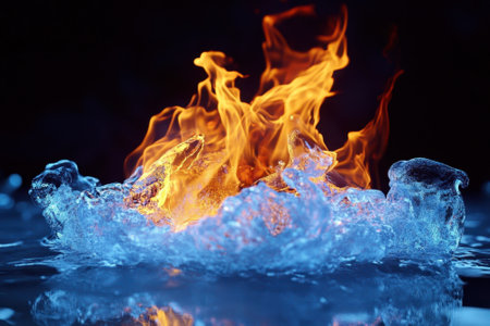 Bright flames dance above splashing water, creating a striking contrast of fire and liquid at night.の写真素材