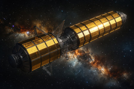 A futuristic spacecraft glides through a colorful expanse of stars and cosmic dust in deep space.の写真素材