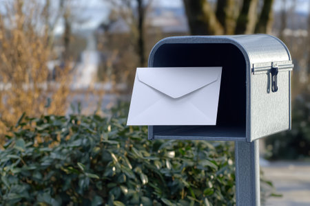 A mailbox stands in a quiet neighborhood, displaying an envelope that awaits pick-up in clear weather.の写真素材