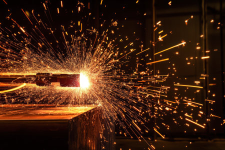 A worker is welding metal, creating bright sparks that illuminate the dark workshop environment.の写真素材