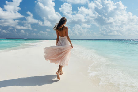 A woman strolls barefoot along a white sandy beach, enjoying the clear blue waters and beautiful clouds above.の写真素材
