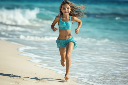 A young girl joyfully runs along the sandy beach while ocean waves crash nearby, under a clear blue sky.の写真素材