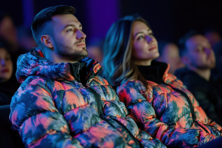Two attendees wearing colorful jackets focus intently on a speaker during a winter event indoors.の写真素材