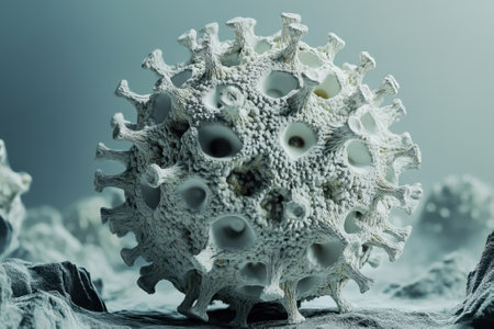 A detailed look at a virus structure showing its unique features and textures under a microscope.の写真素材