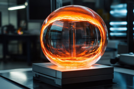 A glowing plasma globe emits vibrant streams of light in a cutting-edge laboratory during day hours.の写真素材