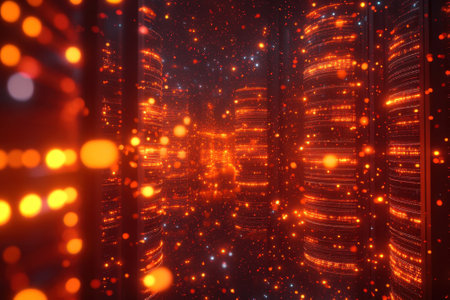 A vibrant data center comes alive with glowing servers and swirling particles, creating a futuristic atmosphere.の写真素材