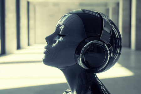 A sleek robotic figure with glossy finish listens to music, surrounded by a bright, minimalist environment.の写真素材