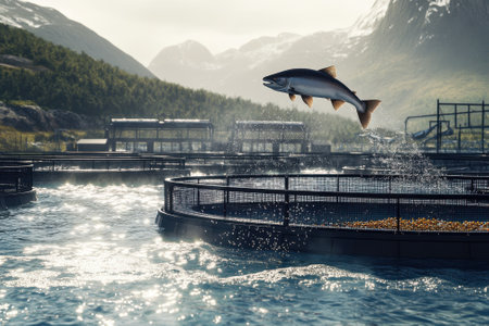 Salmon leaps from a fish farming net, shimmering water reflecting sunlight in a tranquil mountainous setting.の写真素材