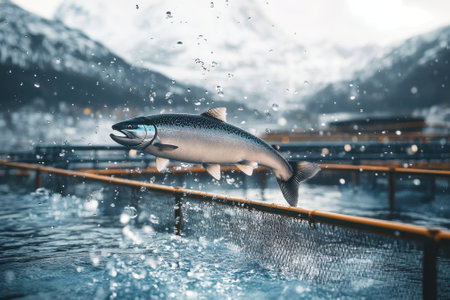 A salmon jumps out of the water at a fish farm surrounded by mountains, showing nature and aquaculture.の写真素材