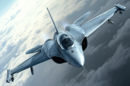 A sleek jet fighter maneuvers in the sky, showing its agility and power during a test flight over ocean waters.の写真素材