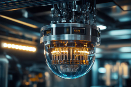 A futuristic quantum computing device glows brightly in a modern laboratory filled with advanced technologies.の写真素材