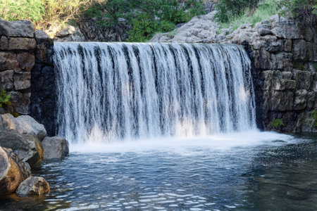 A beautiful waterfall flows gently over rocks into a calm pool surrounded by lush greenery.の写真素材