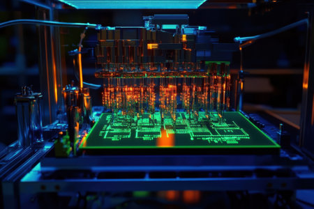 A vibrant circuit board is illuminated by colorful lights in a state-of-the-art electronics lab showcasing technology.の写真素材