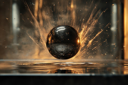 A black sphere hovers above a calm water surface, creating splashes illuminated by warm light.の写真素材