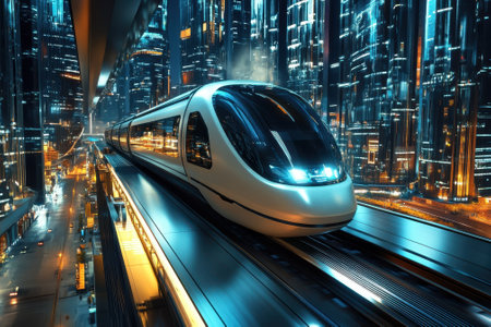 A sleek train glides along elevated tracks surrounded by brightly lit skyscrapers in a modern cityscape.の写真素材