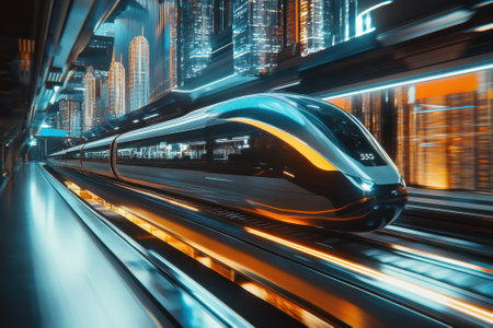A high-speed train approaches a modern urban station, illuminated by vibrant city lights at night.の写真素材