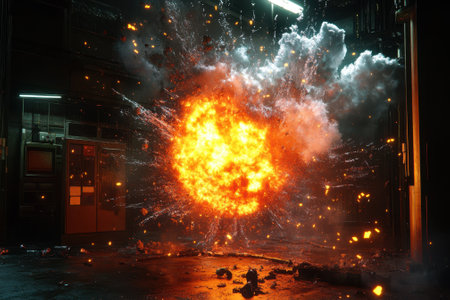 A massive explosion fills the dark industrial area with bright flames and thick smoke, creating chaos.の写真素材