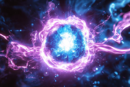 Bright energy sphere emits colorful light waves, creating a vivid cosmic display in a dark setting.の写真素材