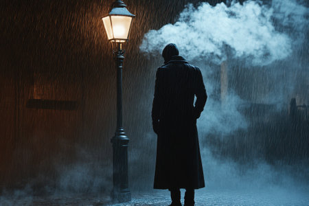 A dark-clad figure stands alone beneath a street lamp, surrounded by heavy rain and mist at night.の写真素材