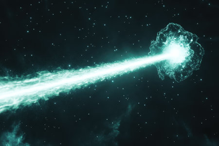 A powerful energy beam emanates from a colorful nebula, illuminating the vastness of deep space.の写真素材