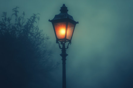 A solitary street lamp casts a warm light in a fog-covered area during the night.の写真素材