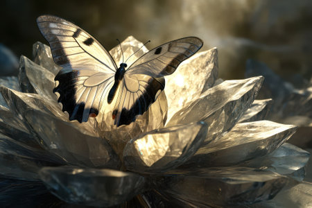 A delicate butterfly perches on a shining crystal flower, illuminated by soft twilight light in a tranquil environment.の写真素材