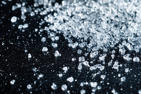Sugar granules are scattered across a dark surface, showing their sparkling crystals and unique shapes.の写真素材