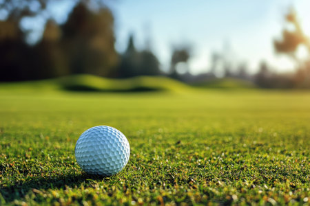 A golf ball is perched on the vibrant green grass as the sun sets, creating a peaceful atmosphere.の写真素材
