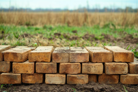 Bricks are neatly stacked on the ground, surrounded by a grassy field under a clear sky.の写真素材