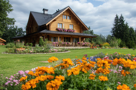 A beautiful wooden house is nestled among colorful flowers in a peaceful garden setting beneath a blue sky.の写真素材
