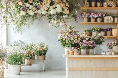 An inviting flower shop showcases colorful floral arrangements and potted plants under natural light.の写真素材