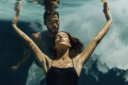 A man and woman perform a synchronized swim underwater, showing fluid movements and tranquility.の素材