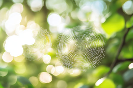 Sunlight shines through green leaves, creating a soft background with swirling circular patterns of light.の写真素材