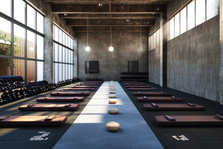 Spacious fitness studio features workout mats and weights, enhanced by abundant natural light and sleek design.の写真素材