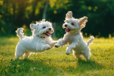 Two small white dogs leap and play together in a sunny, green park during daytime.の写真素材