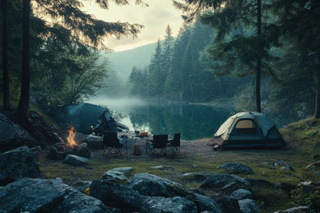 Campers relax by a tranquil lake at dusk, enjoying nature and a campfire amidst tall trees and rocks.の写真素材