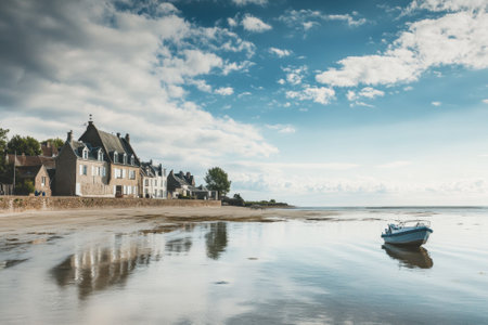 Coastal village features charming houses and a small boat on calm waters under a clear blue sky.の写真素材