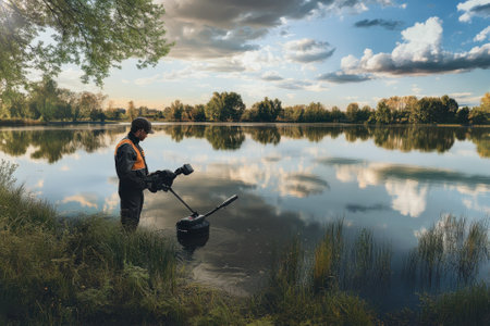 A man with a metal detector scans the lake shore as the sun sets, reflecting clouds and trees on the water.の写真素材
