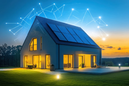 A contemporary house featuring solar panels shines warmly as dusk settles, surrounded by lush greenery.の写真素材